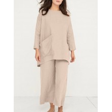 Solid Pocket Long Sleeve Wide Leg Two Pieces Suit