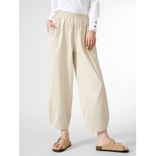 Women Solid Elastic Waist Dual Pocket Wide Leg Pants