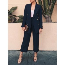 Solid Double Breasted Pocket Long Sleeve Two Pieces Suit