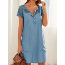 Solid Button Pocket Patchwork Hollow Out Short Sleeve Casual Dress
