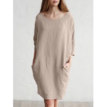 Solid Color 3 4 Sleeve O  neck Pocket Cotton Dress